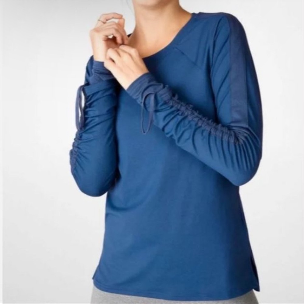 Fabletics Women's Blue Long Sleeve Ruched Scoop Neck Shirt Top Size Large